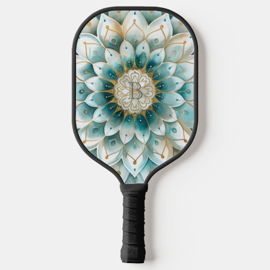 Monogram Blue Aquamarin Gold Floral Mandala Pickleball Schläger (Rückseite)