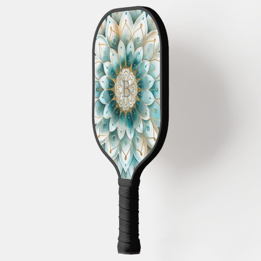 Monogram Blue Aquamarin Gold Floral Mandala Pickleball Schläger (Links)