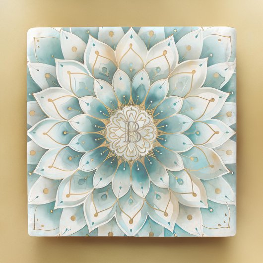 Monogram Blue Aquamarin Gold Floral Mandala Steinuntersetzer