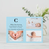 Monogram Blue Baby Boy Birth Announccard Einladung (Stehend Vorderseite)