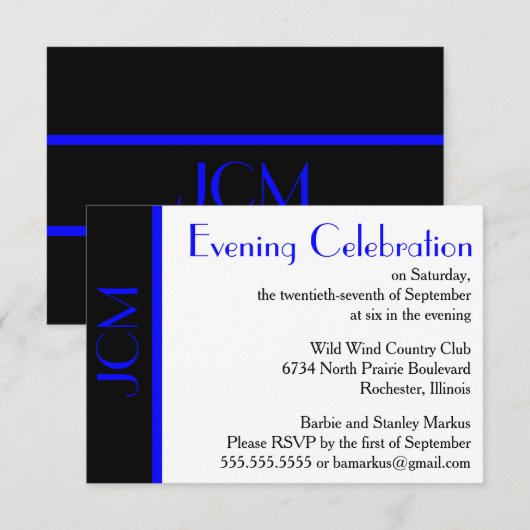 Monogram Blue Black Abend Celebration UAWG White Einladung (Vorne/Hinten)