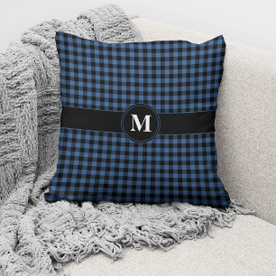 Monogram Blue & Black Gingham Kariert Karos Muster Kissen