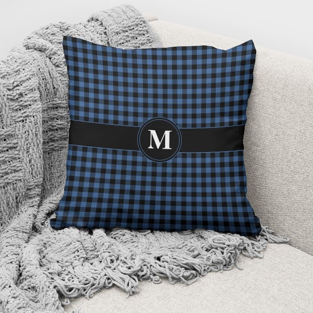Monogram Blue & Black Gingham Kariert Karos Muster Kissen (Von Creator hochgeladen)