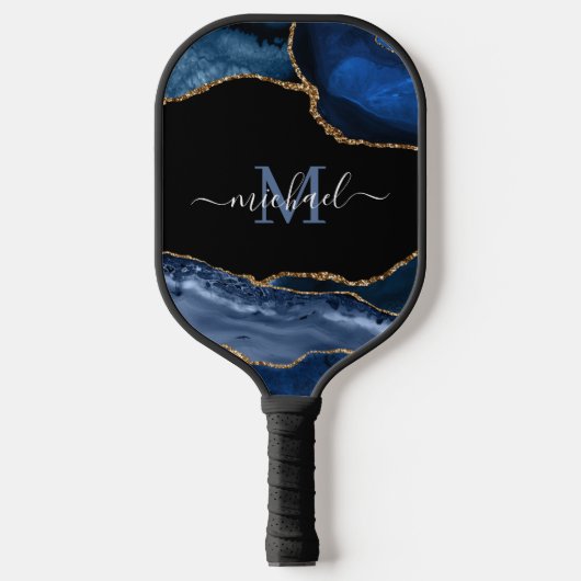 Monogram Blue, Black & Gold Agate Pickleball Schläger (Vorderseite)
