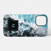 Monogram Blue Black Ocean Waves Hawaii iPhone Hülle (Rückseite (Horizontal))