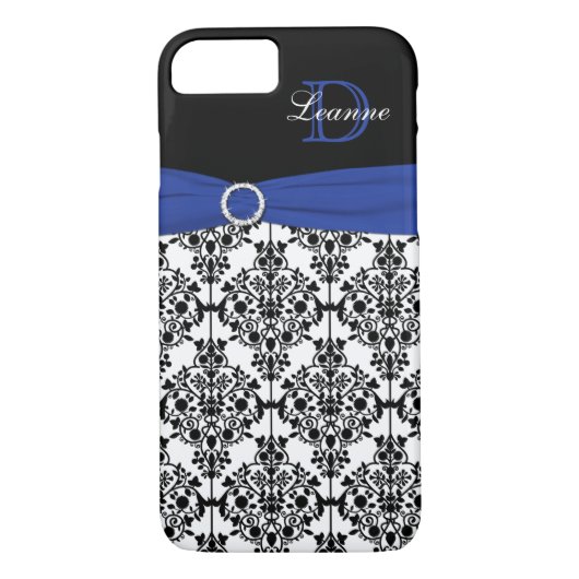 Monogram Blue Black White Damask iPhone 7 Case (Rückseite)