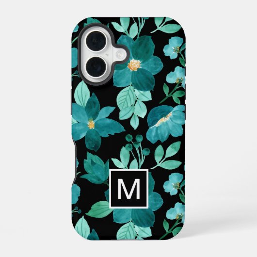 Monogram Blue Blume Muster iPhone Gehäuse 16 Hülle (Rückseite)