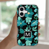 Monogram Blue Blume Muster iPhone Gehäuse 16 Hülle