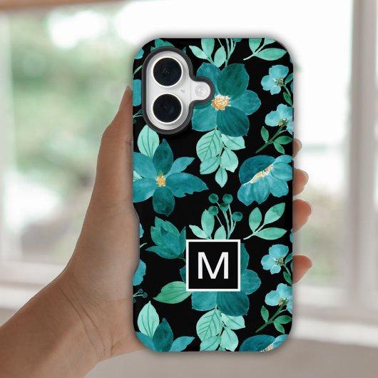 Monogram Blue Blume Muster iPhone Gehäuse 16 Hülle