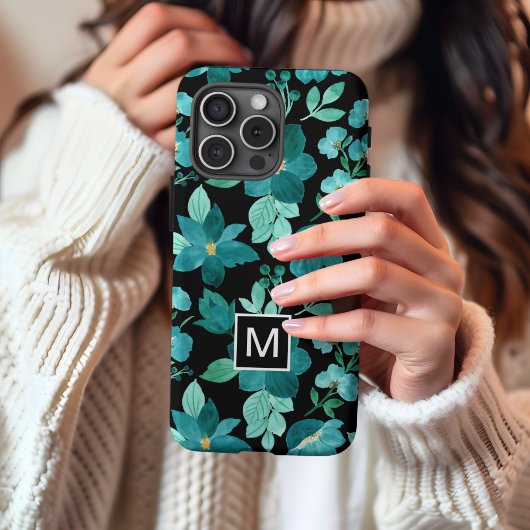 Monogram Blue Blume Muster iPhone Gehäuse 16 Hülle