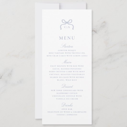 Monogram Blue Bow Wedding Menu Card Einladung (Vorderseite)