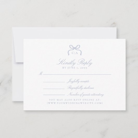 Monogram Blue Bow Wedding RSVP Card (Vorderseite)