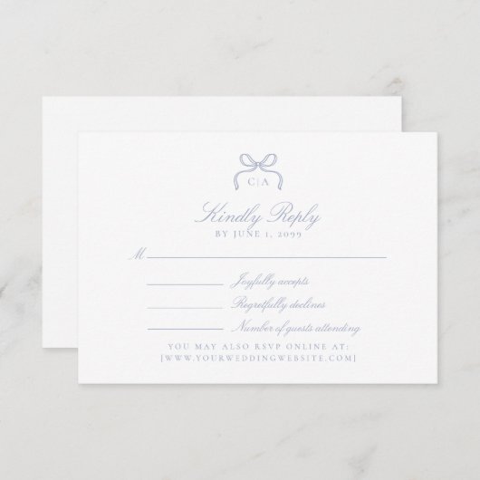 Monogram Blue Bow Wedding RSVP Card (Vorne/Hinten)