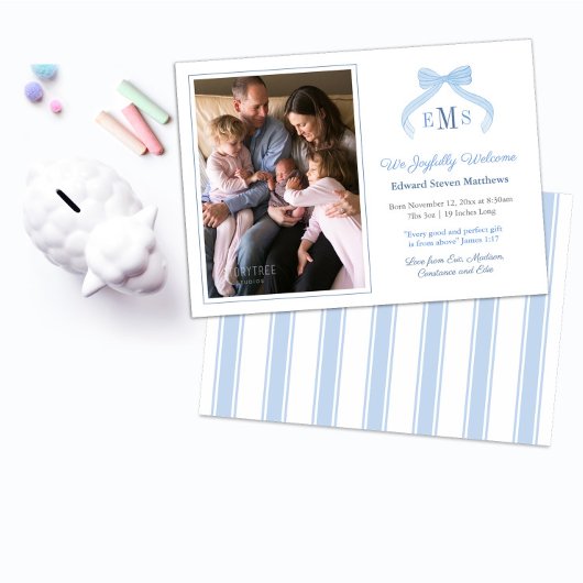 Monogram Blue Bow Welcome Baby Boy Foto Ankündigung