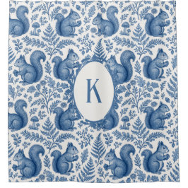 Monogram Blue Chinoiserie Squirrel Woodland Duschvorhang