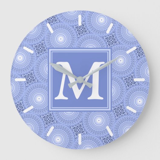 Monogram Blue Circles pattern Große Wanduhr (Vorderseite)