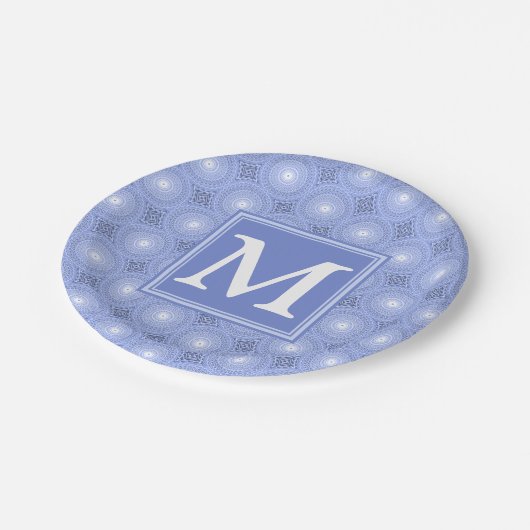 Monogram Blue Circles pattern Pappteller (Schrägansicht)