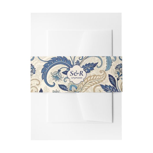 Monogram Blue & Cream Damask Floral Wedding Einladungsbanderole (Vorderseite Beispiel)