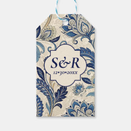 Monogram Blue & Cream Damask Floral Wedding Geschenkanhänger