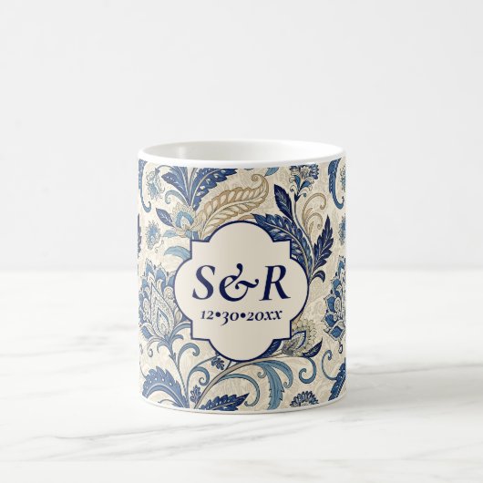 Monogram Blue & Cream Damask Floral Wedding Kaffeetasse (Mittel)