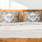 Monogram Blue & Cream Damask Floral Wedding Kissenbezug