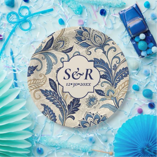 Monogram Blue & Cream Damask Floral Wedding Pappteller (Party)