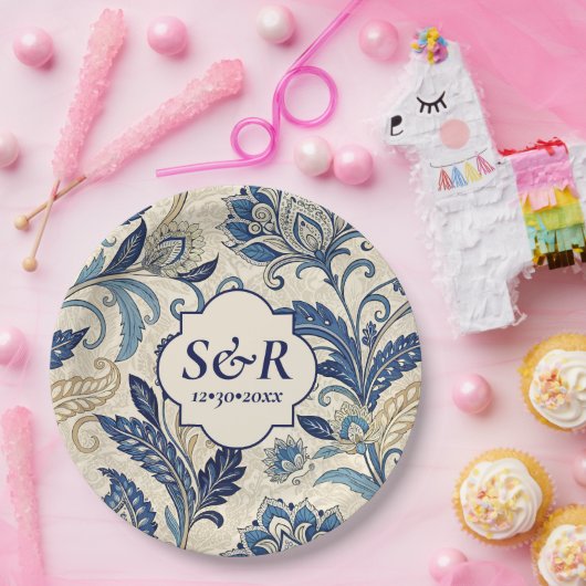 Monogram Blue & Cream Damask Floral Wedding Pappteller (Party)
