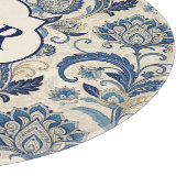 Monogram Blue & Cream Damask Floral Wedding Schneidebrett (Ecke)