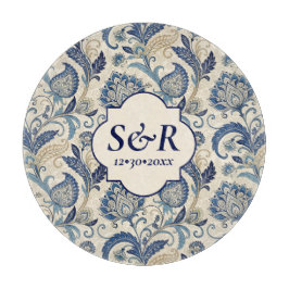 Monogram Blue & Cream Damask Floral Wedding Schneidebrett
