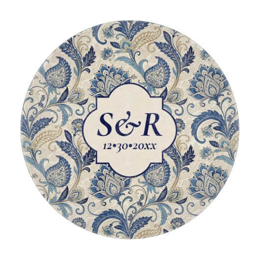 Monogram Blue & Cream Damask Floral Wedding Schneidebrett (Vorderseite)