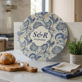 Monogram Blue & Cream Damask Floral Wedding Schneidebrett
