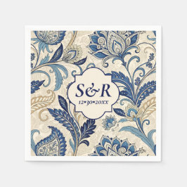 Monogram Blue & Cream Damask Floral Wedding Serviette