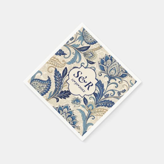 Monogram Blue & Cream Damask Floral Wedding Serviette (Ecke)