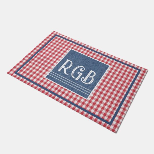 Monogram Blue Denim Red White Check Pattern Fußmatte (Schrägansicht)