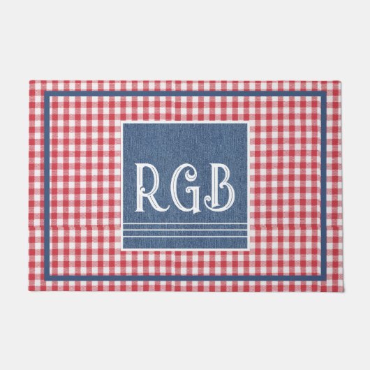 Monogram Blue Denim Red White Check Pattern Fußmatte (Vorderseite)