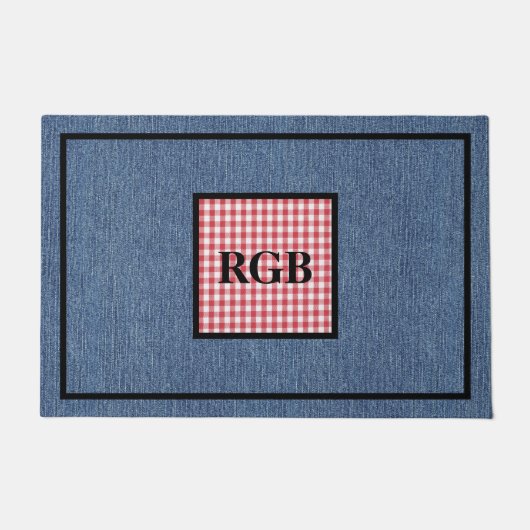 Monogram Blue Denim Red White Gingham Pattern Fußmatte (Vorderseite)