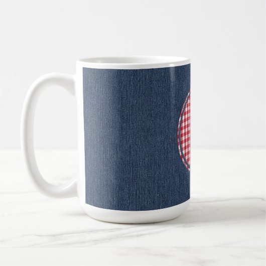 Monogram, Blue Denim Red White Karo 15oz Kaffeetasse (Links)