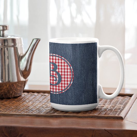 Monogram, Blue Denim Red White Karo 15oz Kaffeetasse
