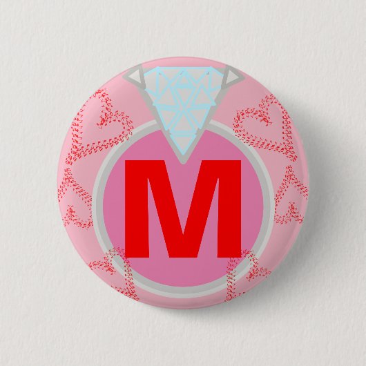 Monogram Blue Diamond Red Hearts Button (Vorderseite)