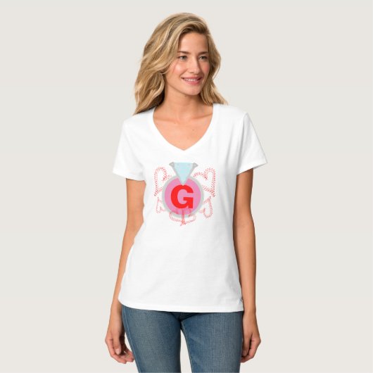 Monogram Blue Diamond Red Hearts T-Shirt (Vorderseite Vollansicht)