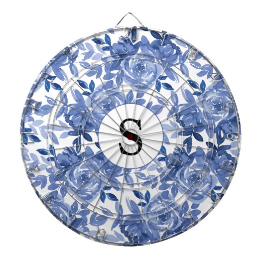 Monogram Blue Floral Botanic Muster Dartboard Dartscheibe (vorne)