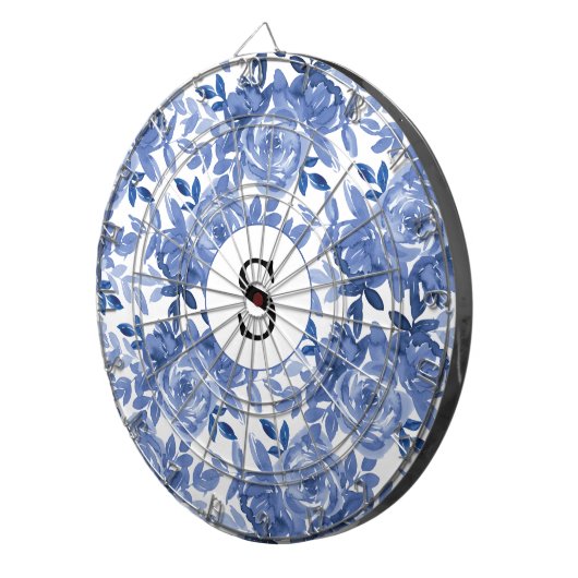 Monogram Blue Floral Botanic Muster Dartboard Dartscheibe (Vorderseite rechts)