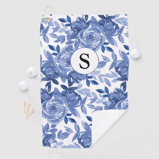 Monogram Blue Floral Botanic Muster Golfhandtuch (Insitu)