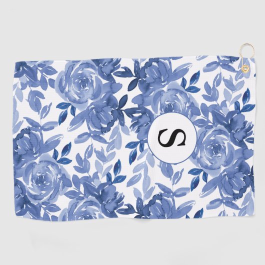 Monogram Blue Floral Botanic Muster Golfhandtuch (Horizontal)