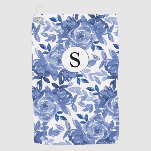 Monogram Blue Floral Botanic Muster Golfhandtuch (Vorderseite)