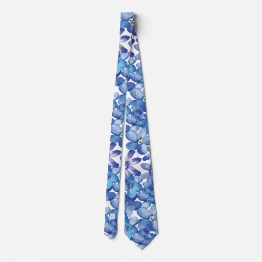 Monogram Blue Floral Botanic Neck Tie Krawatte (Rückseite)