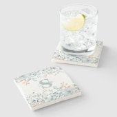 Monogram Blue Floral Botanic Steinuntersetzer (Seitenansicht)