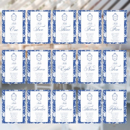 Monogram Blue Floral Script Eight 8 Names Tischnummer