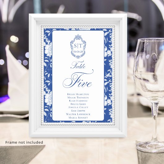 Monogram Blue Floral Script Five 8 Names Tischnummer