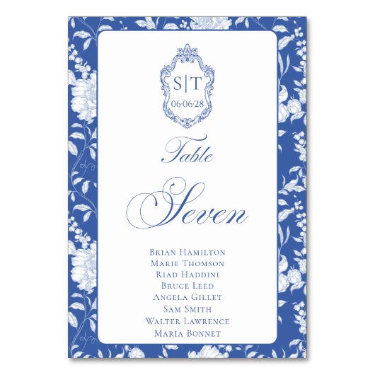 Monogram Blue Floral Script Seven 8 Names Tischnummer (Vorderseite)